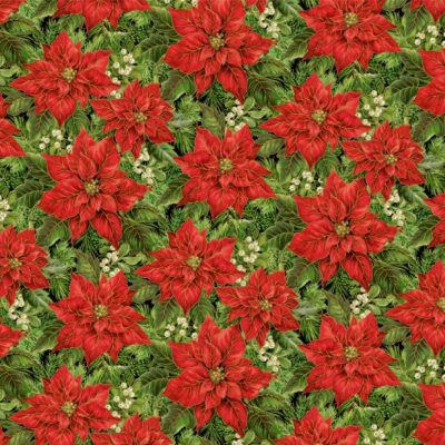 Packed Poinsettia & Leaves  Green Metallic