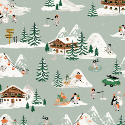Penguin Village  Mint/Gold Metallic
